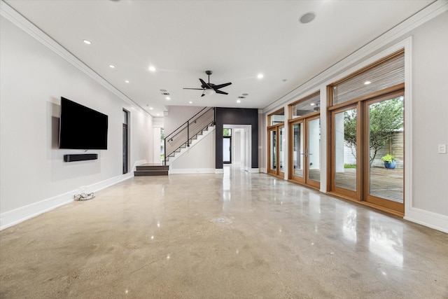 unfurnished living room featuring recessed lighting, crown molding, stairway, and baseboards