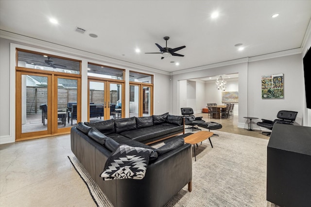 living area with visible vents, a ceiling fan, ornamental molding, french doors, and recessed lighting