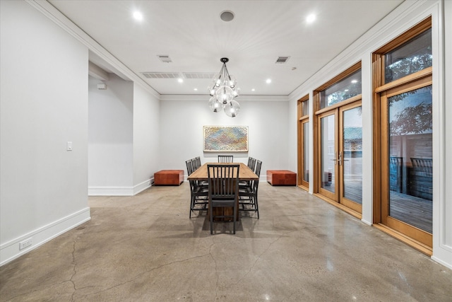 dining room with baseboards, finished concrete floors, visible vents, and recessed lighting