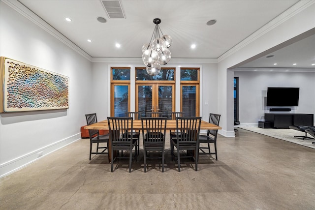 dining space featuring baseboards, recessed lighting, visible vents, and finished concrete floors