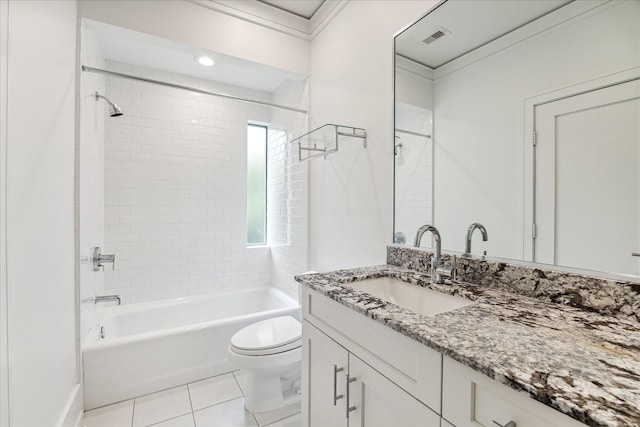 full bath with visible vents, toilet, tile patterned flooring, tub / shower combination, and vanity