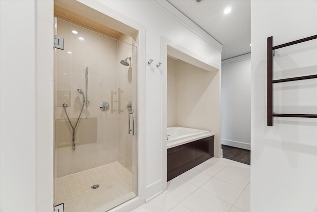 full bathroom with baseboards, a stall shower, tile patterned flooring, and recessed lighting