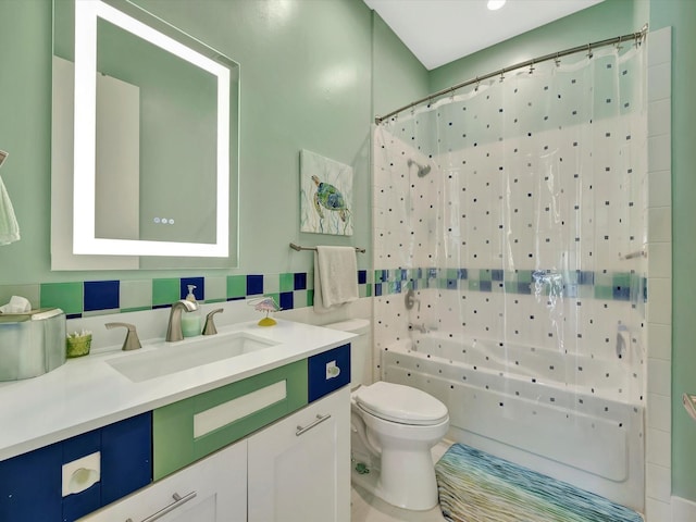 bathroom featuring tile walls, toilet, shower / bathtub combination with curtain, vanity, and backsplash