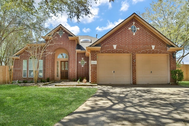 traditional-style house with driveway, brick siding, a front lawn, and fence