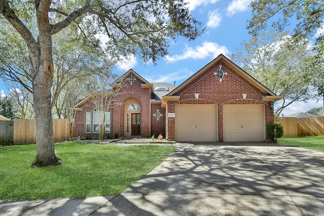 view of front facade with driveway, a garage, fence, a front lawn, and brick siding