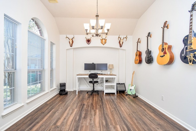 home office with wood finished floors, a wealth of natural light, and baseboards