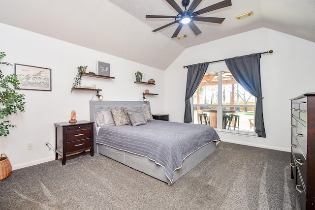 bedroom with lofted ceiling, baseboards, visible vents, and carpet flooring