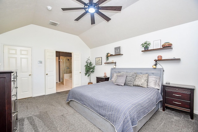 bedroom with lofted ceiling, carpet floors, ensuite bath, and visible vents