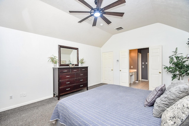 bedroom featuring lofted ceiling, light colored carpet, a ceiling fan, baseboards, and visible vents