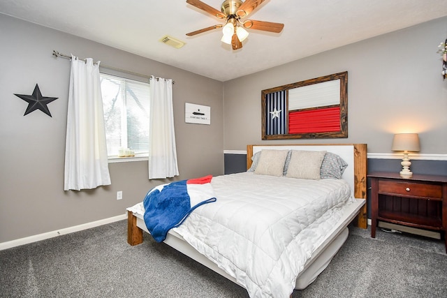 bedroom with baseboards, visible vents, ceiling fan, and carpet flooring