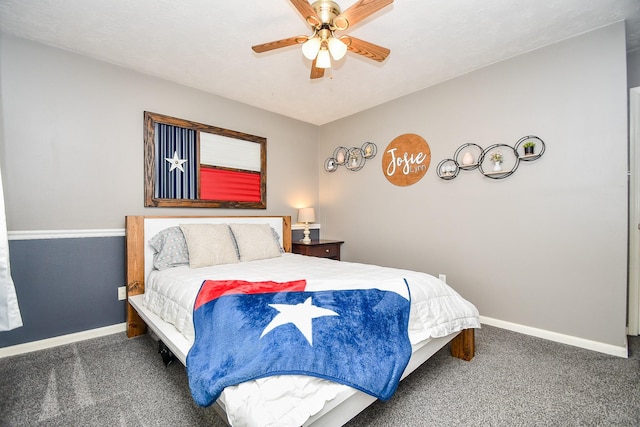 bedroom with carpet, baseboards, and a ceiling fan