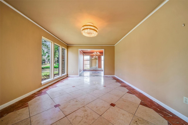 tiled spare room with a chandelier, crown molding, and baseboards