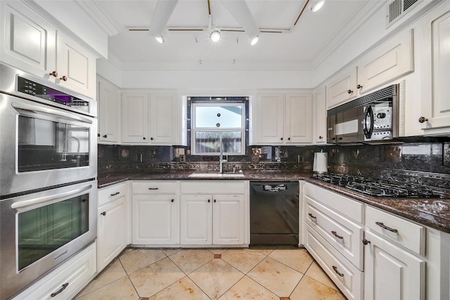 kitchen with decorative backsplash, black appliances, white cabinetry, and a sink