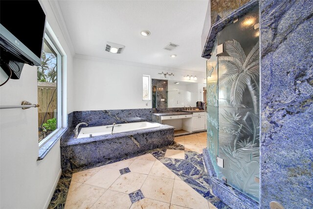 full bathroom featuring a marble finish shower, visible vents, crown molding, a bath, and vanity