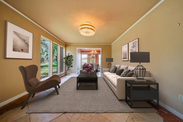 living area featuring an inviting chandelier, crown molding, and baseboards