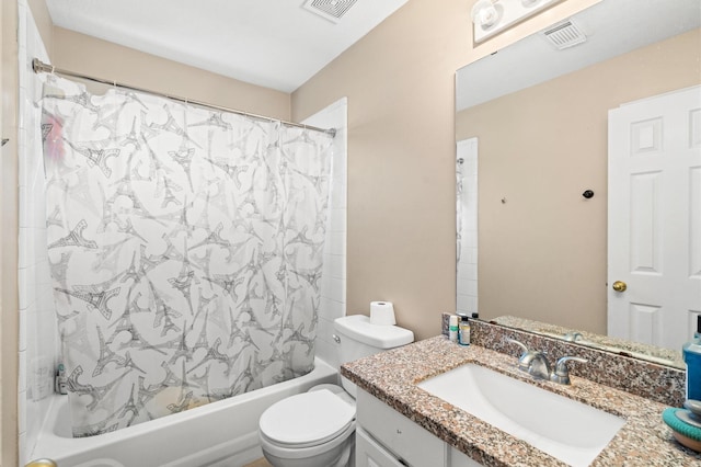 full bathroom featuring shower / bath combination with curtain, toilet, vanity, and visible vents