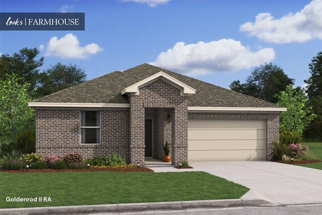 ranch-style house featuring a front lawn, driveway, a garage, brick siding, and roof with shingles