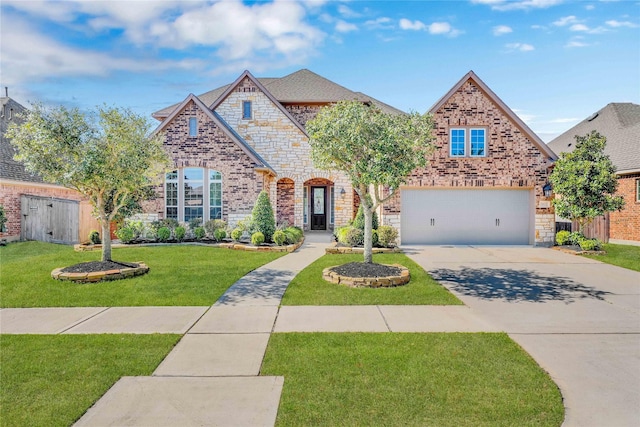 french country style house with a garage, brick siding, fence, driveway, and a front yard