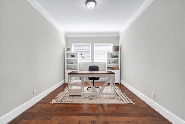 home office featuring ornamental molding, dark wood finished floors, and baseboards