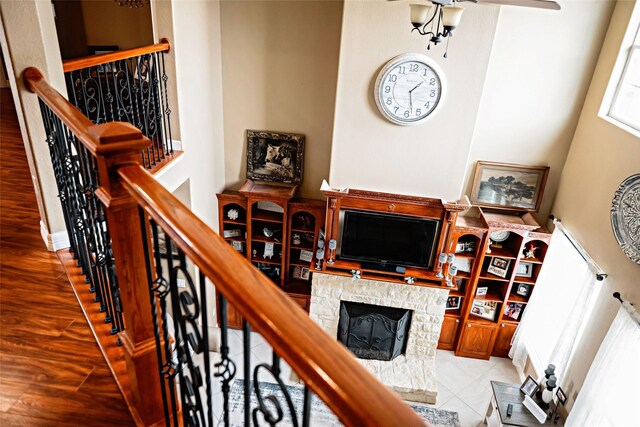 living room featuring a fireplace