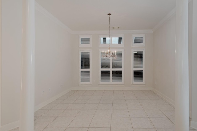 empty room featuring a chandelier, light tile patterned flooring, crown molding, and visible vents