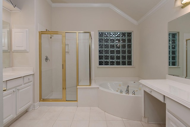 full bath featuring a garden tub, vanity, vaulted ceiling, a stall shower, and crown molding