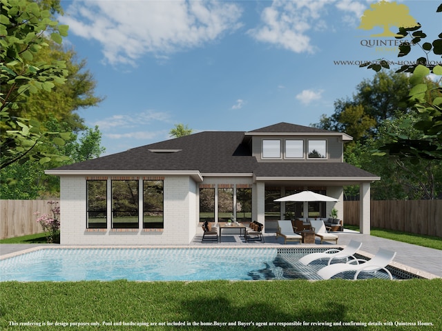 rear view of house featuring a shingled roof, a fenced in pool, a patio, fence, and brick siding