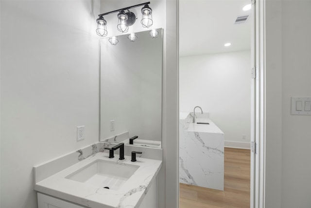 bathroom featuring visible vents, wood finished floors, and vanity