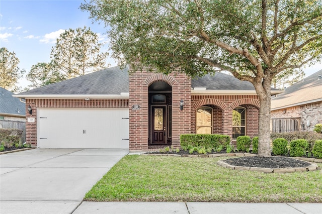 view of front facade with driveway, brick siding, a shingled roof, an attached garage, and a front yard