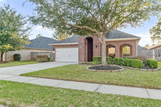 view of front of home featuring a garage, brick siding, fence, driveway, and a front yard