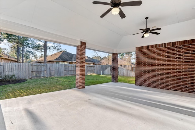 view of patio featuring a ceiling fan and a fenced backyard