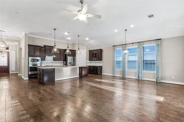 kitchen with tasteful backsplash, appliances with stainless steel finishes, dark wood-type flooring, an island with sink, and dark brown cabinets