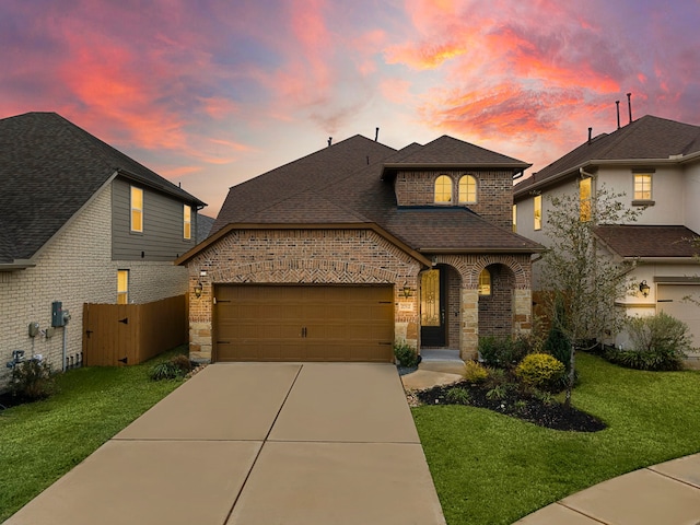 french country inspired facade featuring an attached garage, brick siding, driveway, roof with shingles, and a front yard