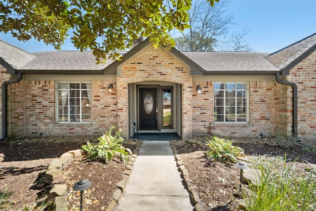 doorway to property with a shingled roof and brick siding