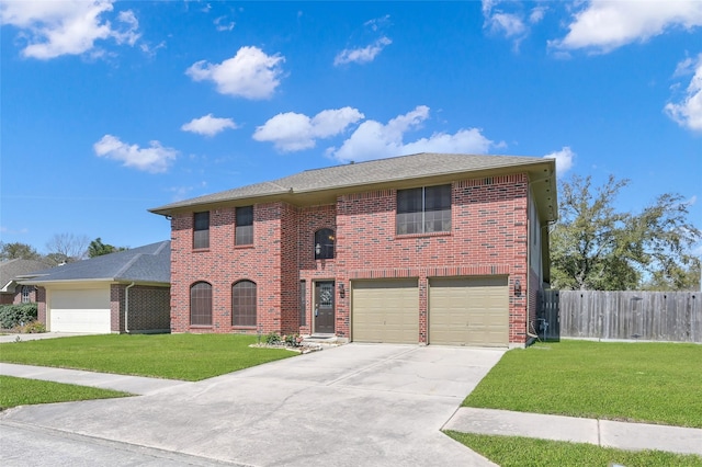 view of front of property featuring a garage, brick siding, fence, driveway, and a front yard