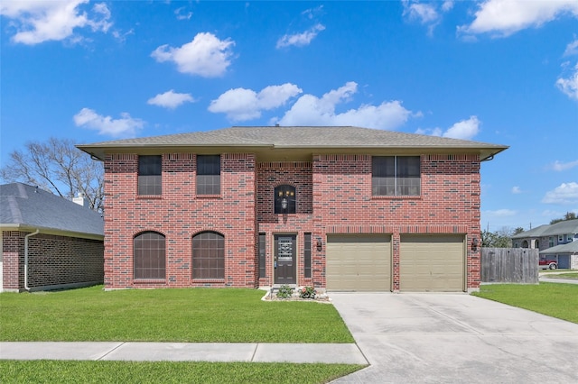 view of front of house with brick siding, roof with shingles, concrete driveway, an attached garage, and a front lawn