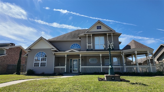 victorian-style house with a porch, a front yard, and fence