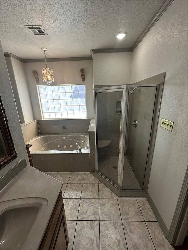 full bathroom featuring ornamental molding, a stall shower, visible vents, and a tub with jets