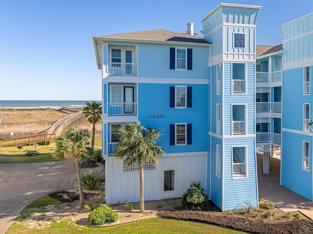 exterior space with a water view