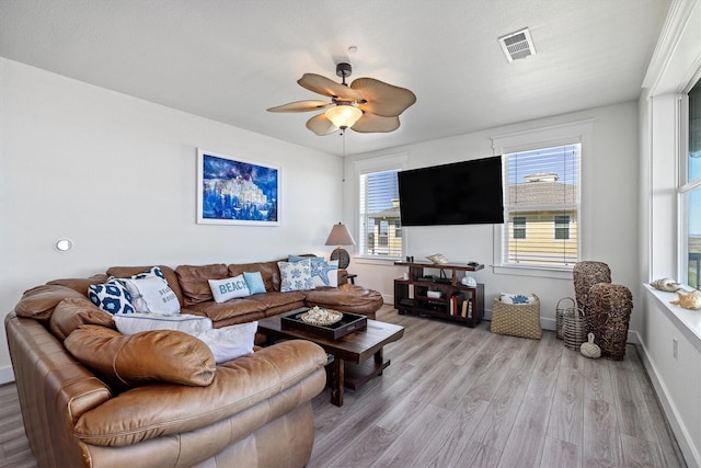 living area featuring a wealth of natural light, visible vents, baseboards, and wood finished floors