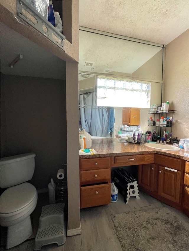 bathroom featuring toilet, wood finished floors, a textured ceiling, and vanity