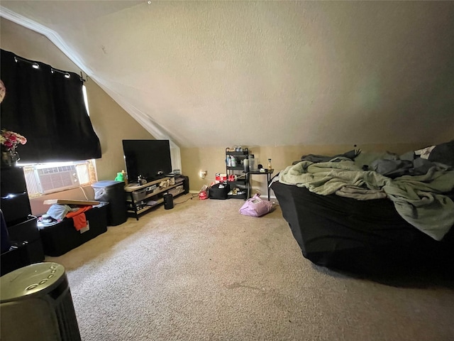 carpeted bedroom featuring a textured ceiling, cooling unit, and lofted ceiling