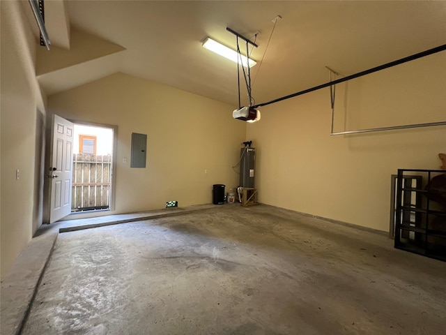 garage with water heater, electric panel, and a garage door opener