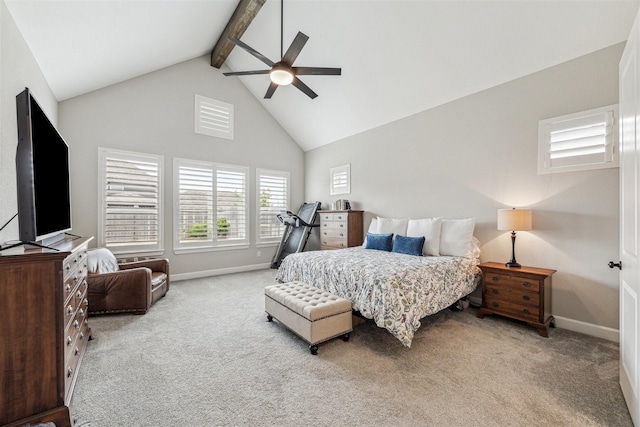 carpeted bedroom featuring high vaulted ceiling, a ceiling fan, baseboards, and beam ceiling