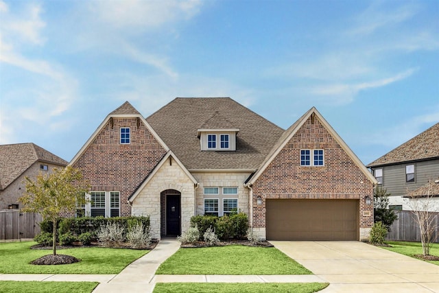 view of front facade featuring driveway, roof with shingles, fence, a front yard, and brick siding