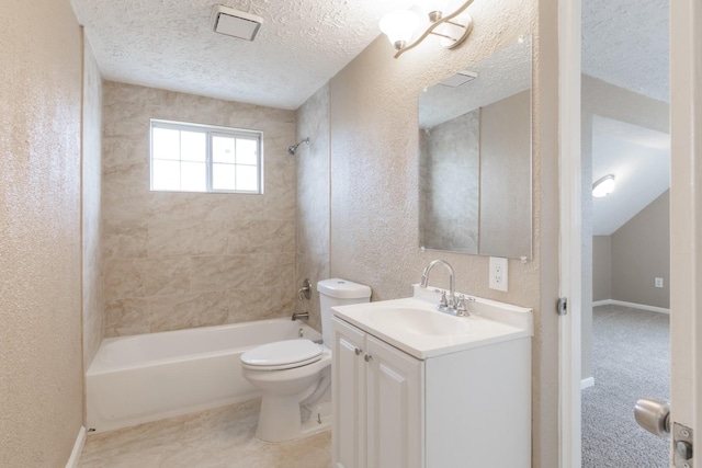 11422 Sagedowne Ln, Houston, TX 77089 - bathroom with vanity, a textured wall, bathing tub / shower combination, toilet, and a textured ceiling