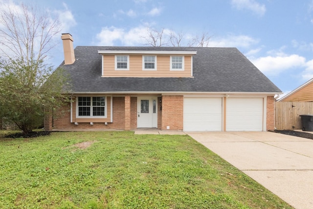 view of front of property with brick siding, a shingled roof, concrete driveway, a front yard, and a garage