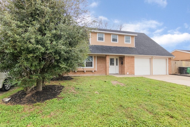 view of front of property with an attached garage, brick siding, concrete driveway, roof with shingles, and a front yard