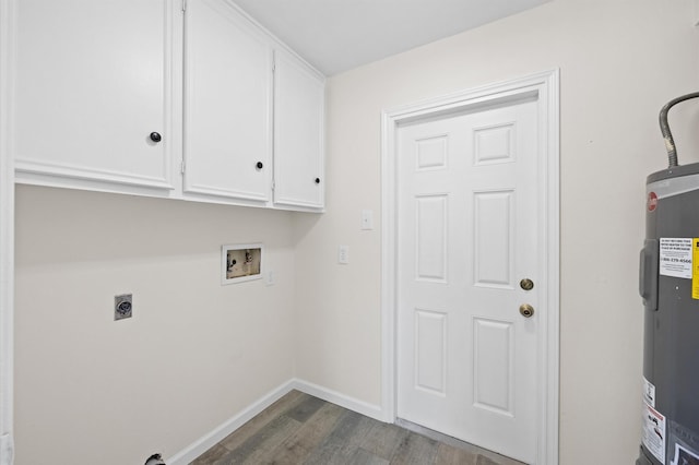 washroom featuring electric water heater, hookup for an electric dryer, washer hookup, cabinet space, and dark wood finished floors