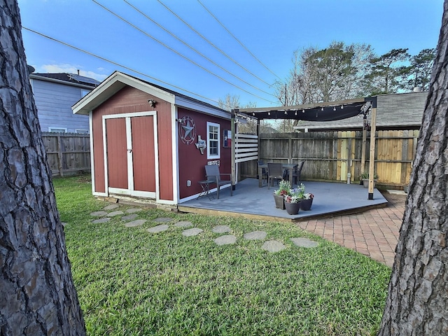 view of shed with a fenced backyard